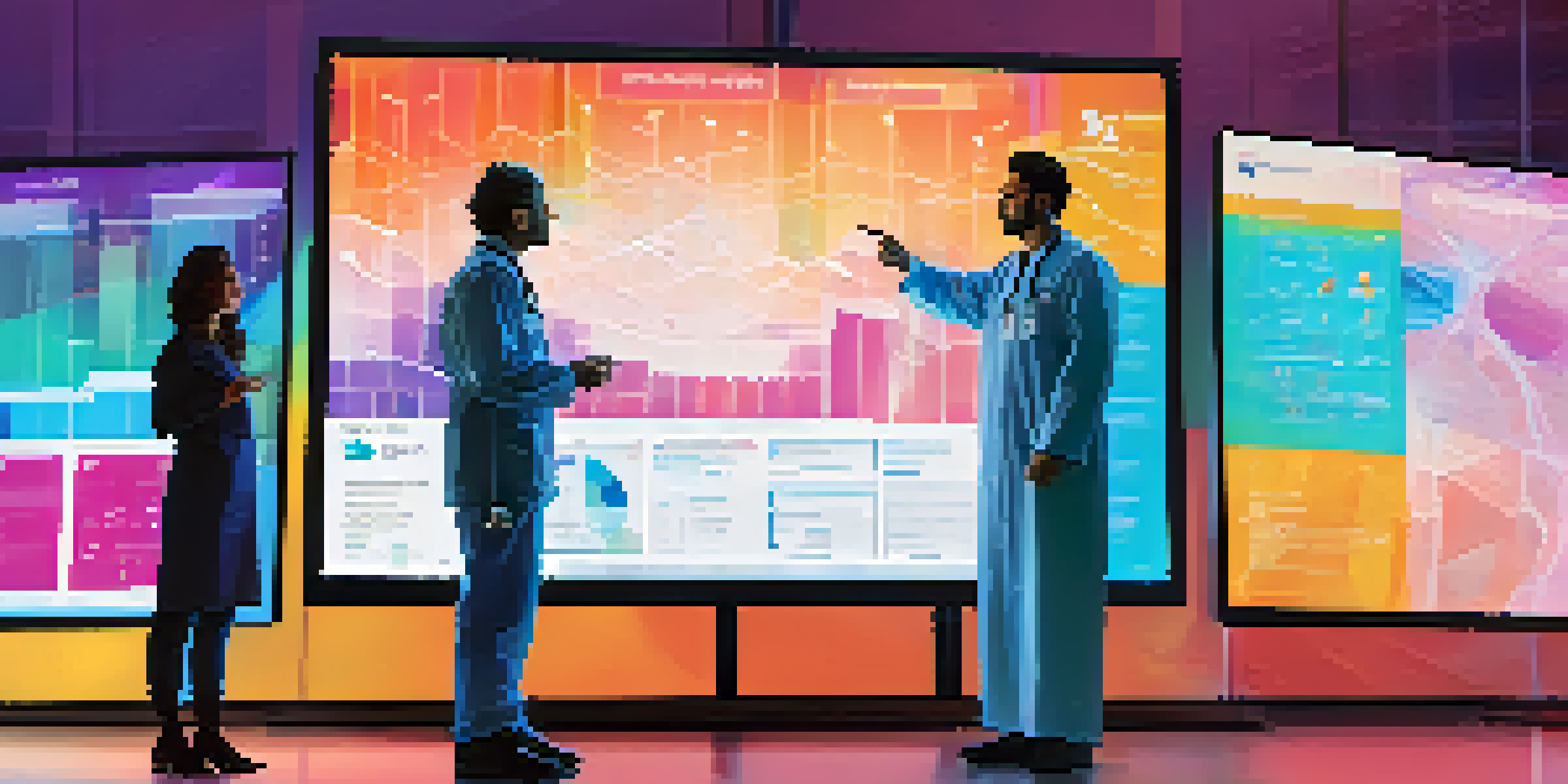 A healthcare provider and a patient discussing health data analytics together, with digital screens showing health information.