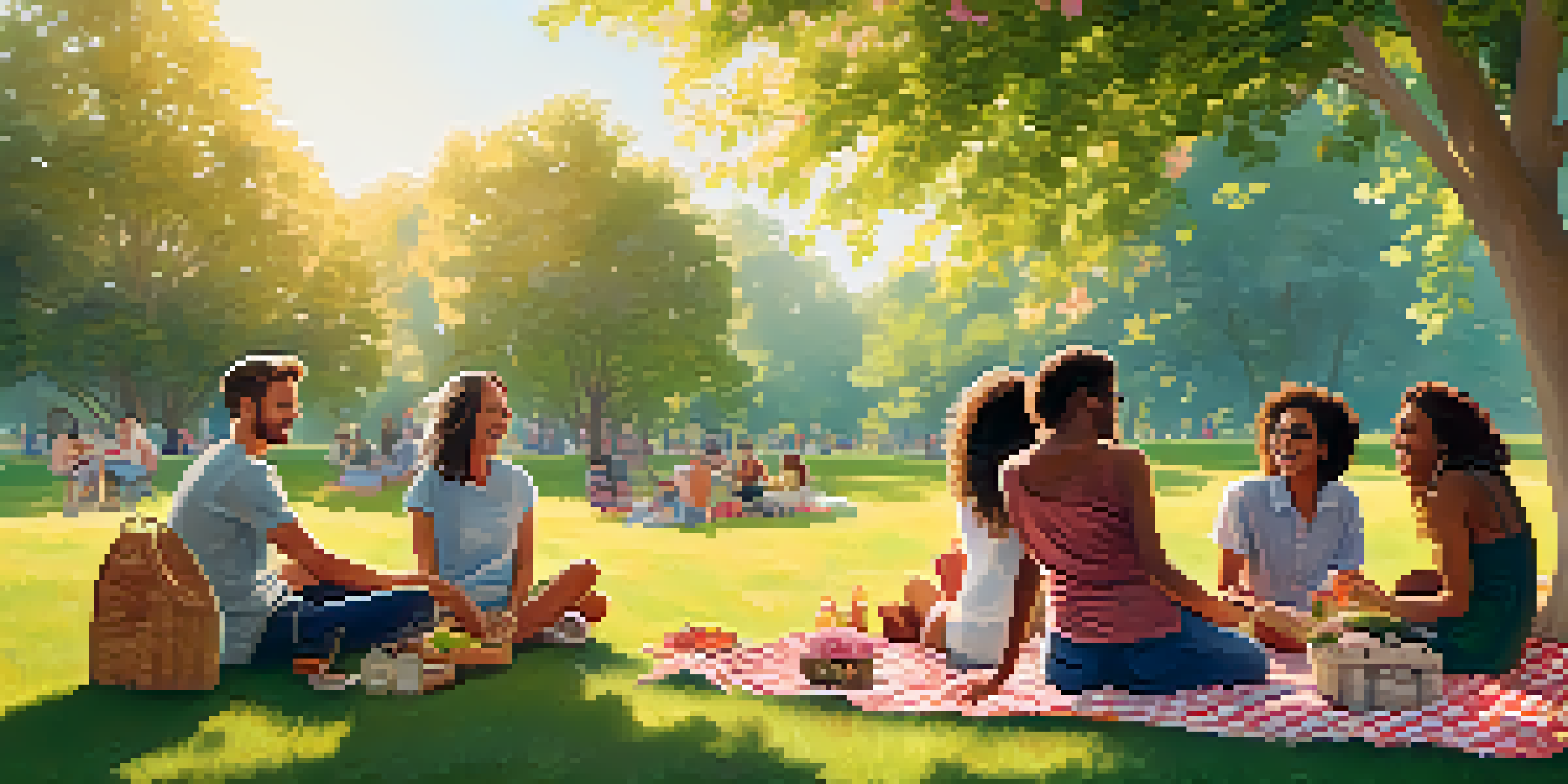 A group of diverse friends enjoying a picnic in a park during sunset, with green trees and flowers around them.