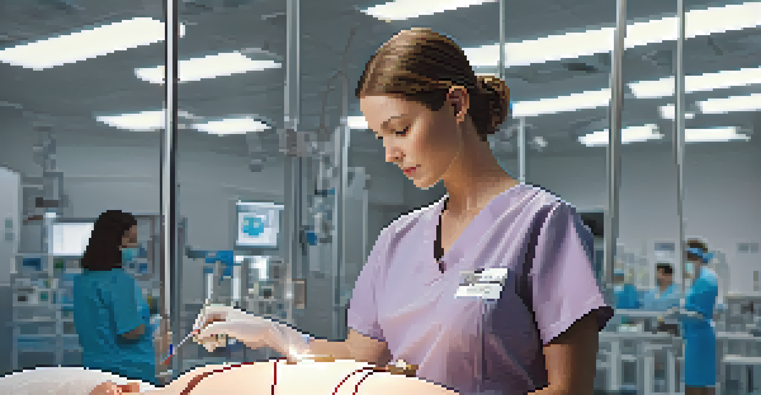 A nurse practicing injections on a mannequin in a simulation lab, focusing on the realistic details and training tools in a bright environment.