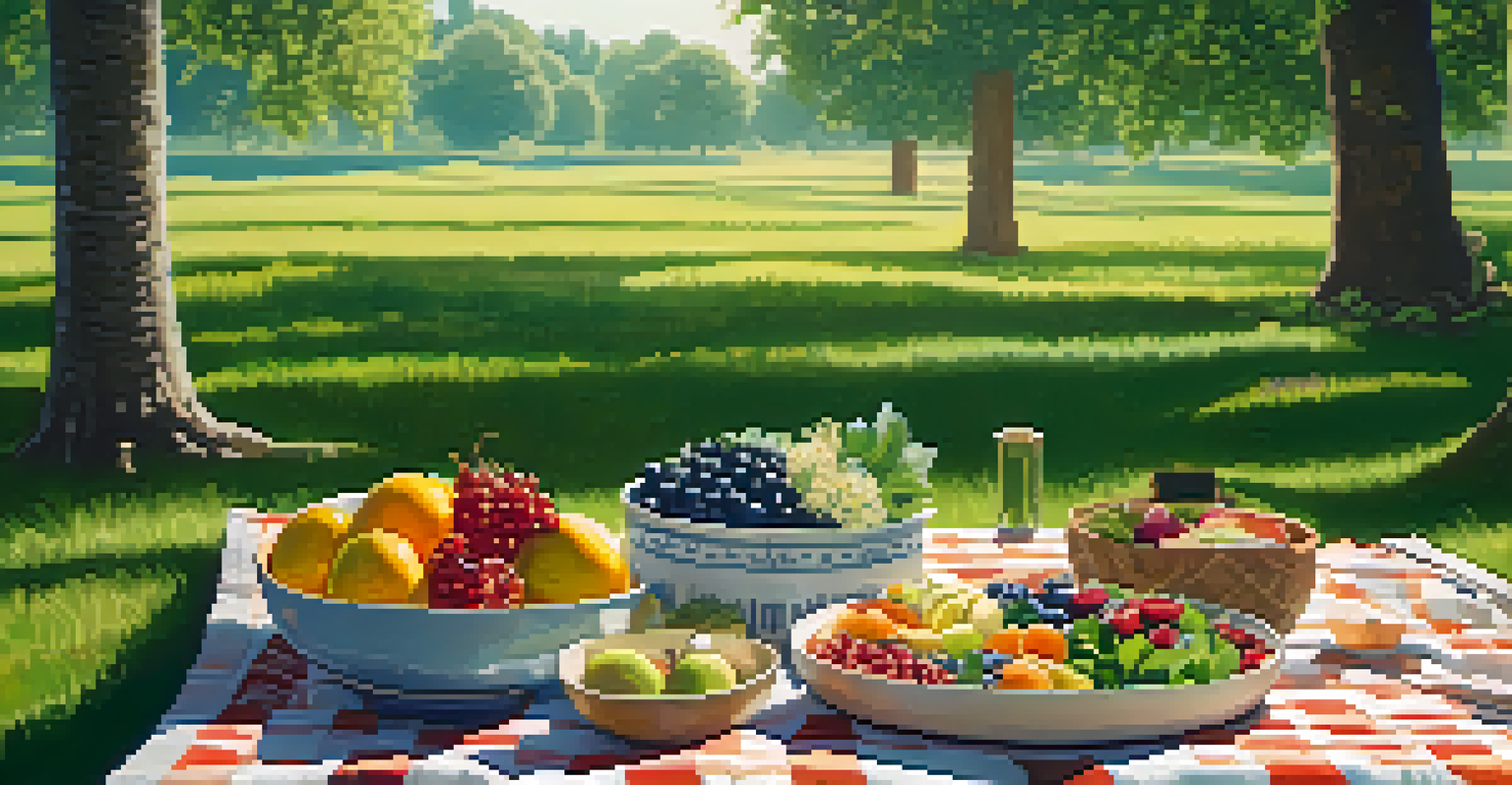 A picnic blanket laid out with an array of healthy whole foods and drinks, set in a green outdoor space with trees and wildflowers.