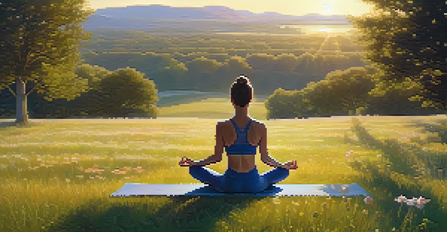 A person practicing yoga in a peaceful outdoor setting during sunrise, surrounded by nature.