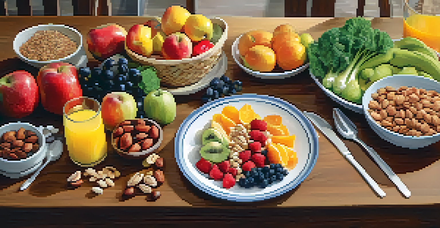 A healthy meal spread featuring fruits, vegetables, whole grains, and nuts on a wooden table, illuminated by sunlight.