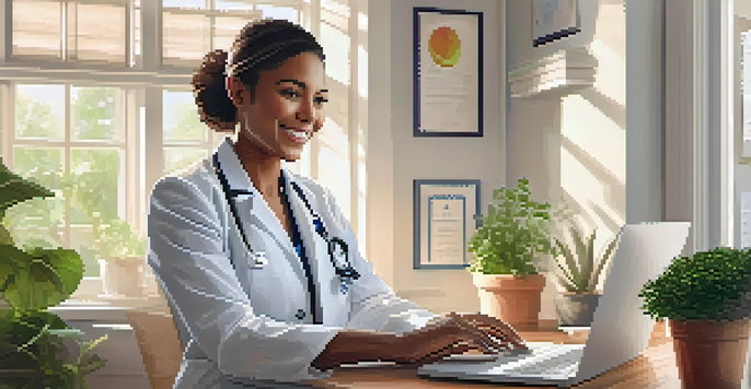 A healthcare professional in a home office conducting a telehealth consultation on a laptop, surrounded by plants and medical certificates.
