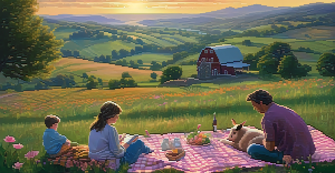 A family having a picnic on a checkered blanket in a rural landscape at sunset, with rolling hills and wildflowers.