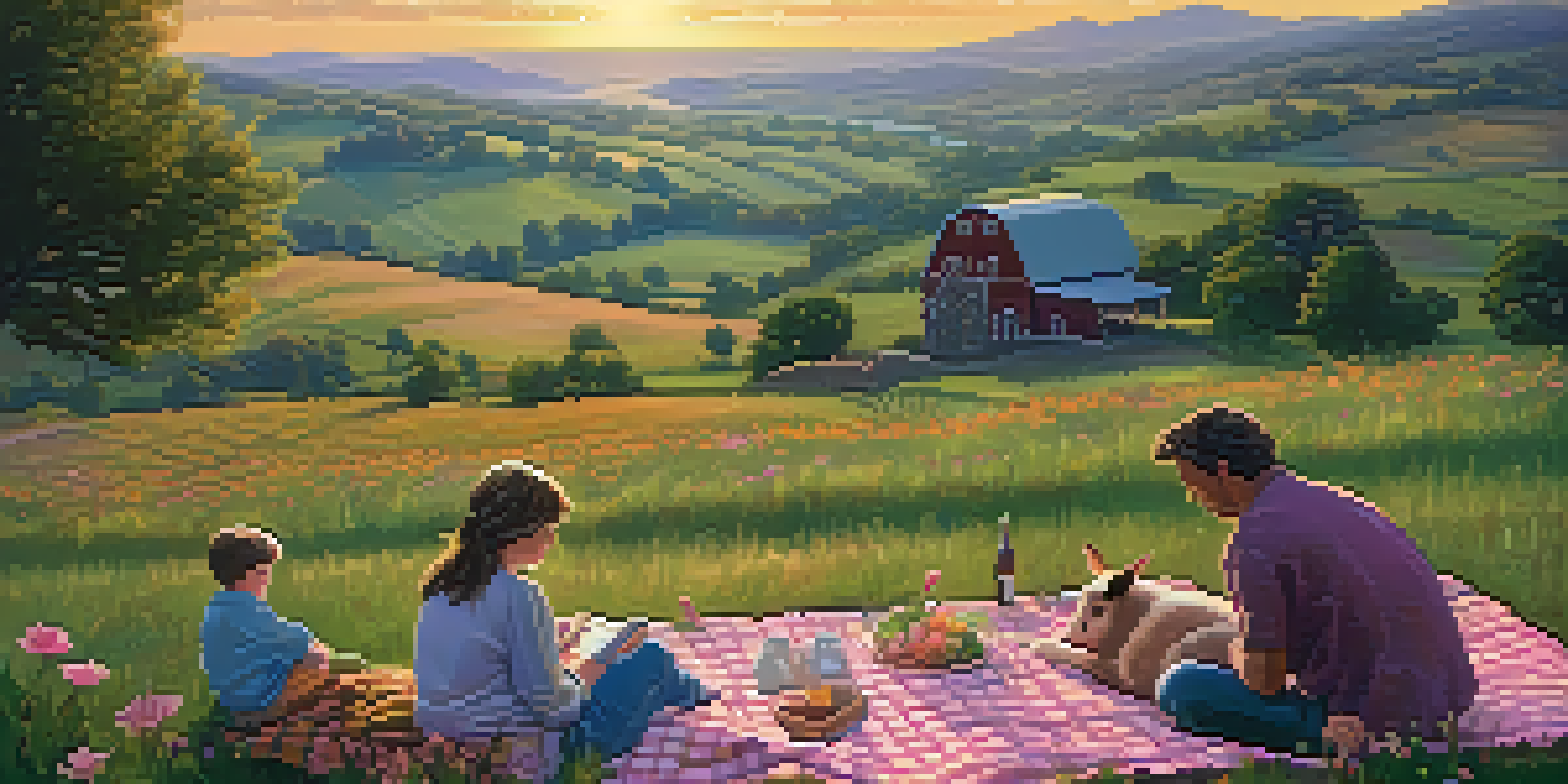A family having a picnic on a checkered blanket in a rural landscape at sunset, with rolling hills and wildflowers.