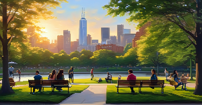 A peaceful urban park at sunset with young adults chatting and enjoying the environment, surrounded by greenery and city skyline.