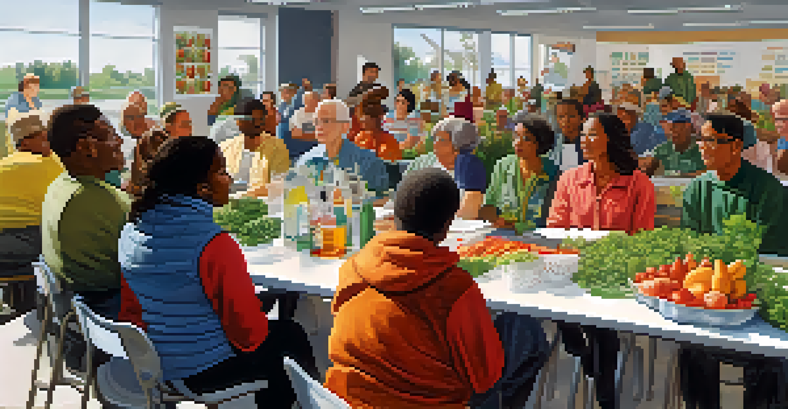 A community workshop on pesticide safety with diverse participants discussing and holding organic produce.