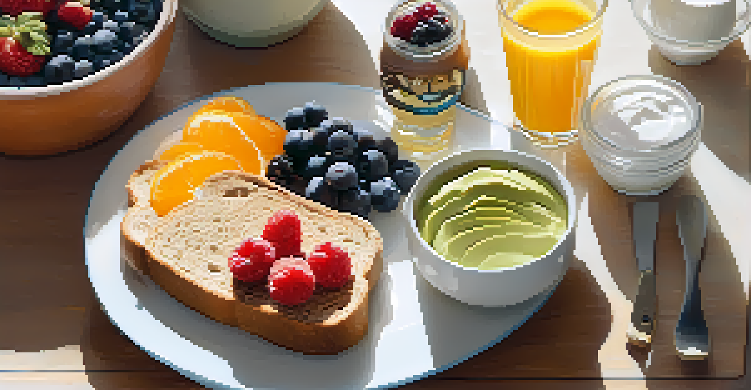 An overhead view of a healthy breakfast with yogurt, berries, avocado toast, and orange juice in natural light.