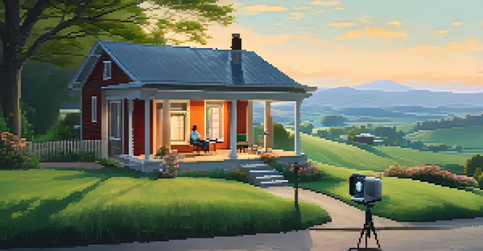 A person sitting on a porch in a rural setting, using a tablet for a video consultation, surrounded by nature.