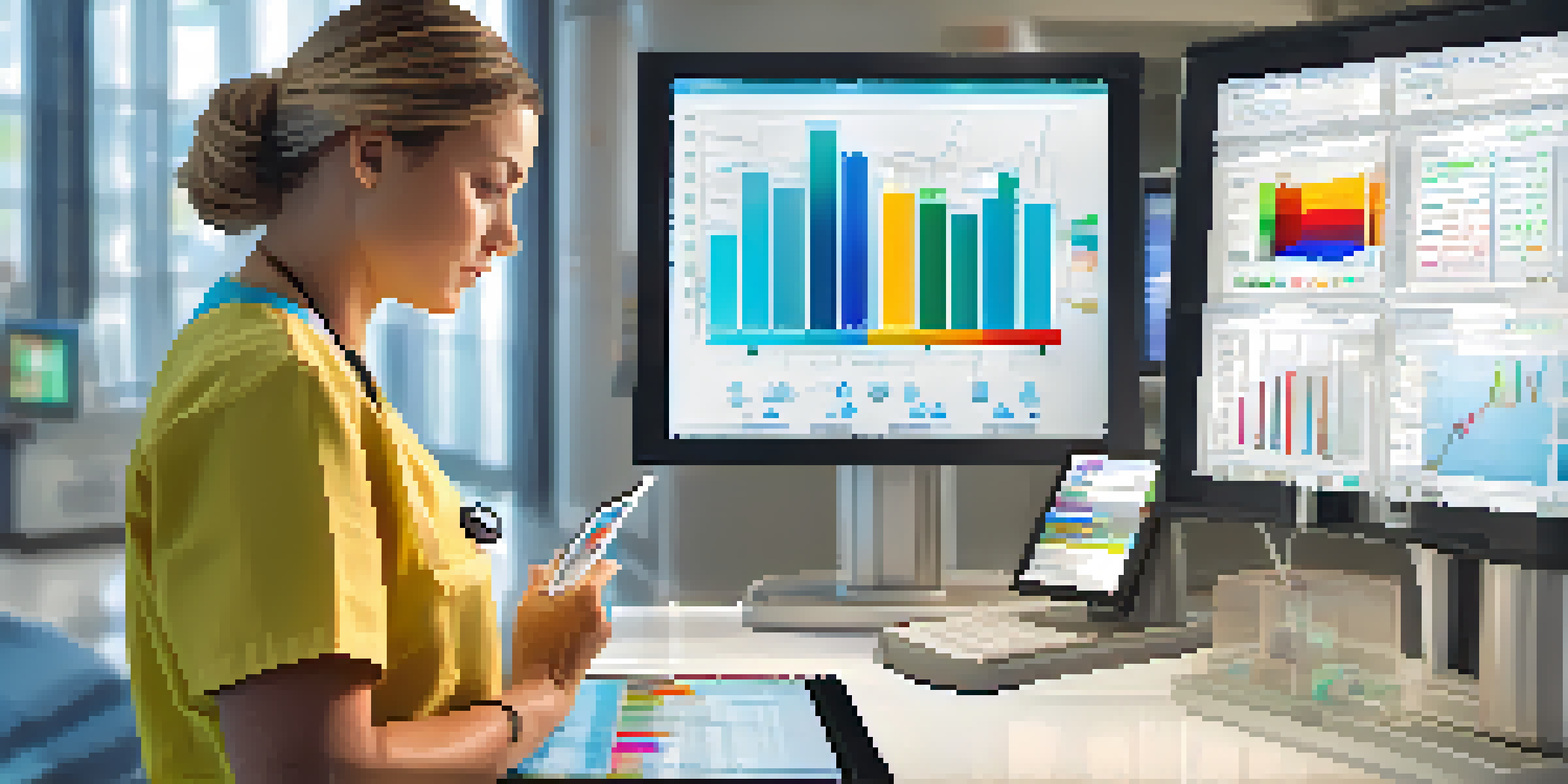 A healthcare professional reviewing patient data on a tablet in a well-lit hospital room, surrounded by medical equipment.