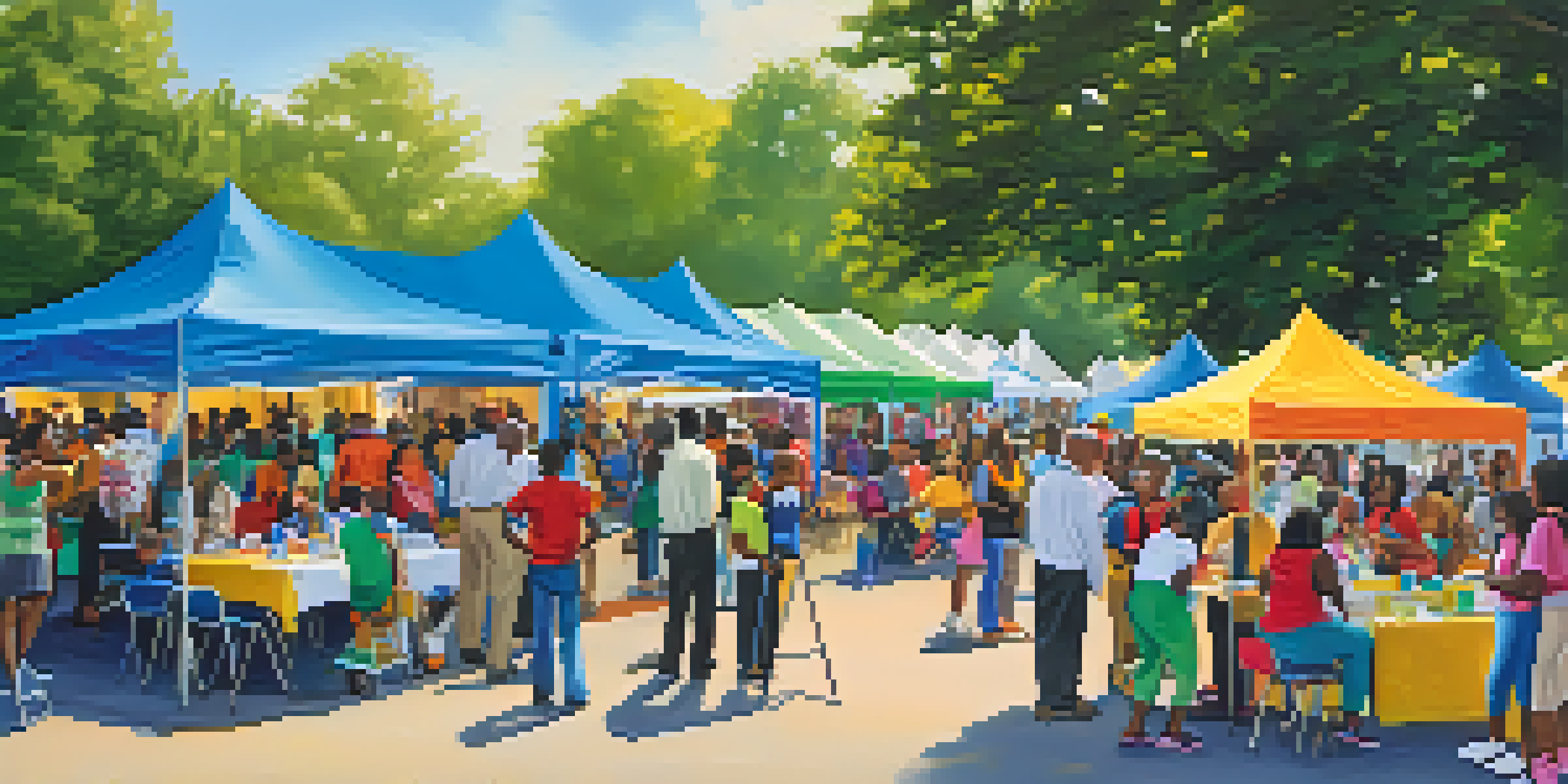 A lively community health fair with diverse people participating in health screenings and workshops in an outdoor setting.