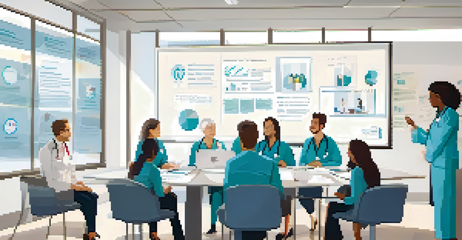 Healthcare team in a meeting, with leaders presenting clear information, showcasing engagement and collaboration in a modern setting.