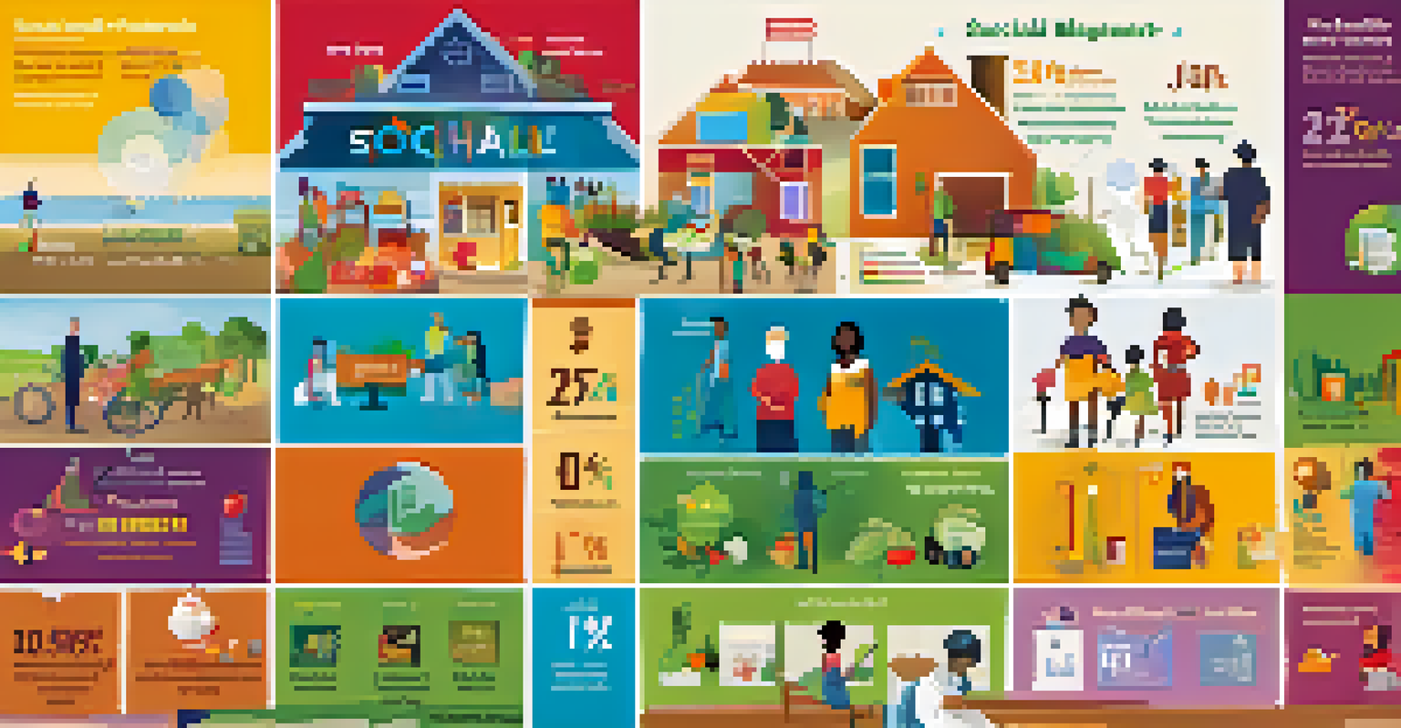 An illustration showing social determinants of health, featuring diverse individuals in different settings like urban, rural, and educational, highlighting various health influences.
