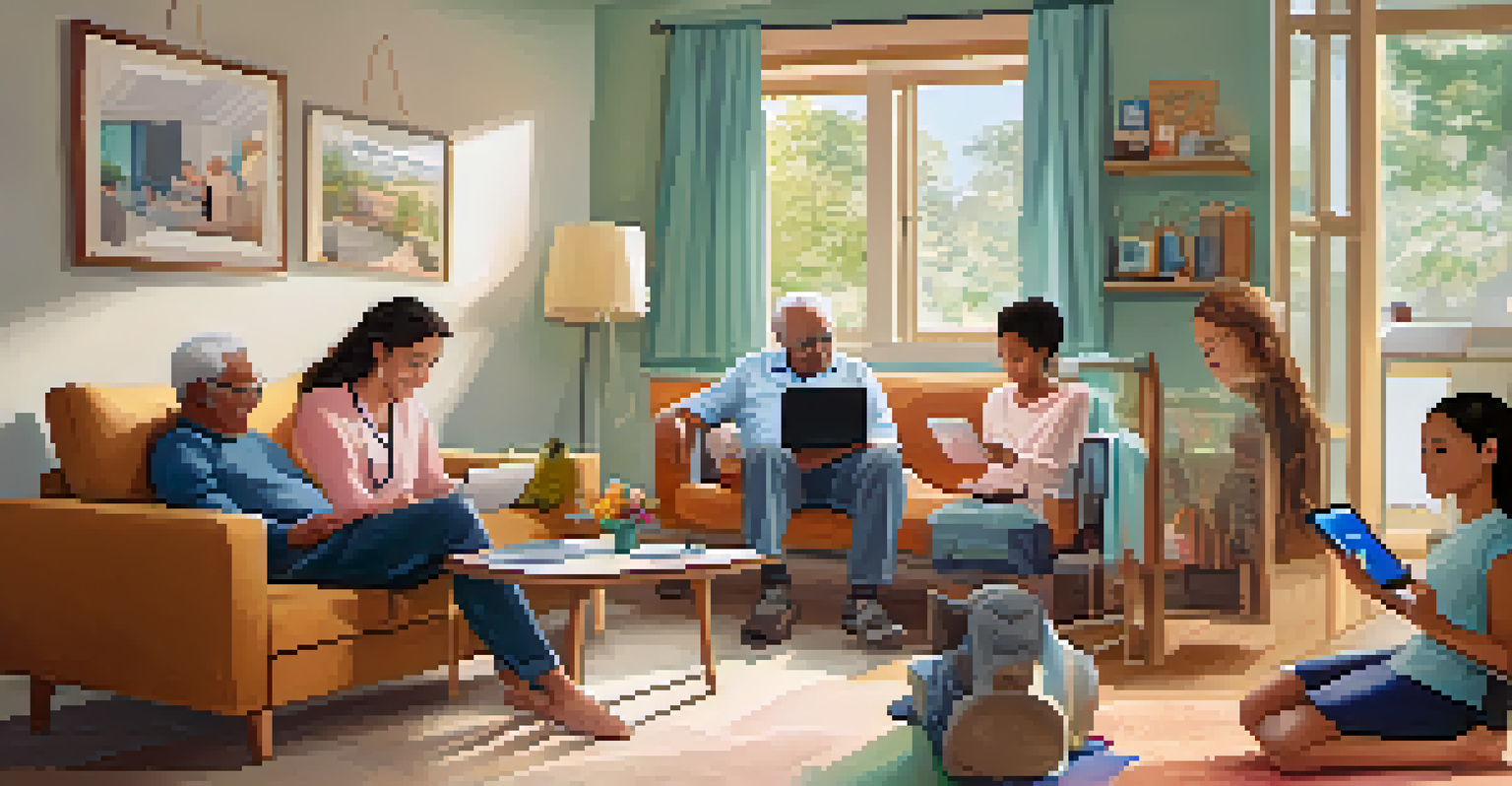 A diverse group of patients engaging in telehealth consultations from various home settings using different devices.