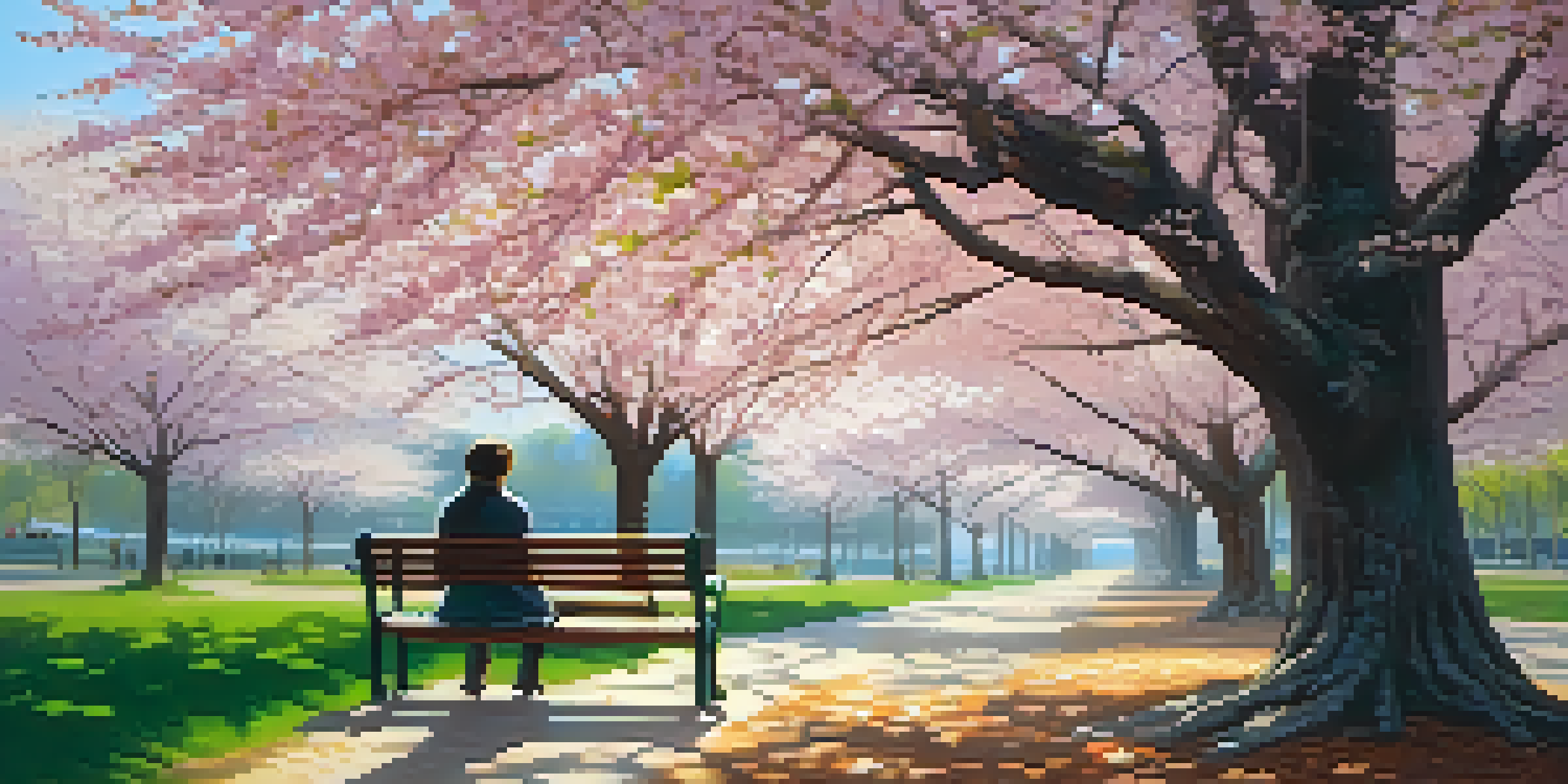 A person sitting on a bench in a park under a cherry blossom tree, reflecting a moment of tranquility.