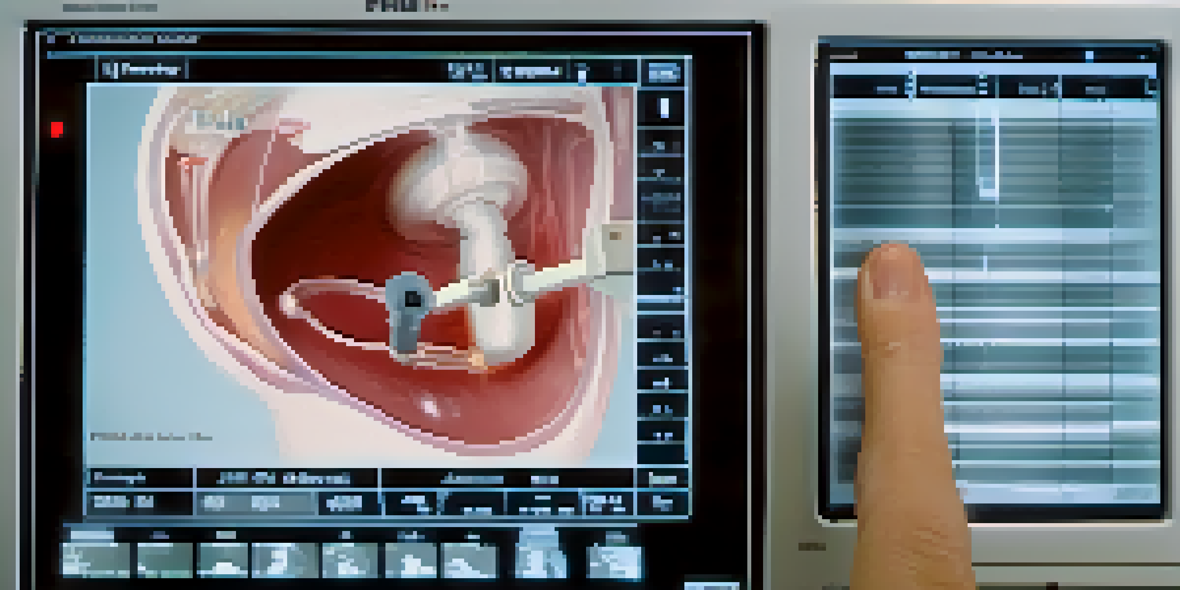 An ultrasound machine with a technician holding the transducer, and a monitor showing a fetal image, surrounded by medical equipment.
