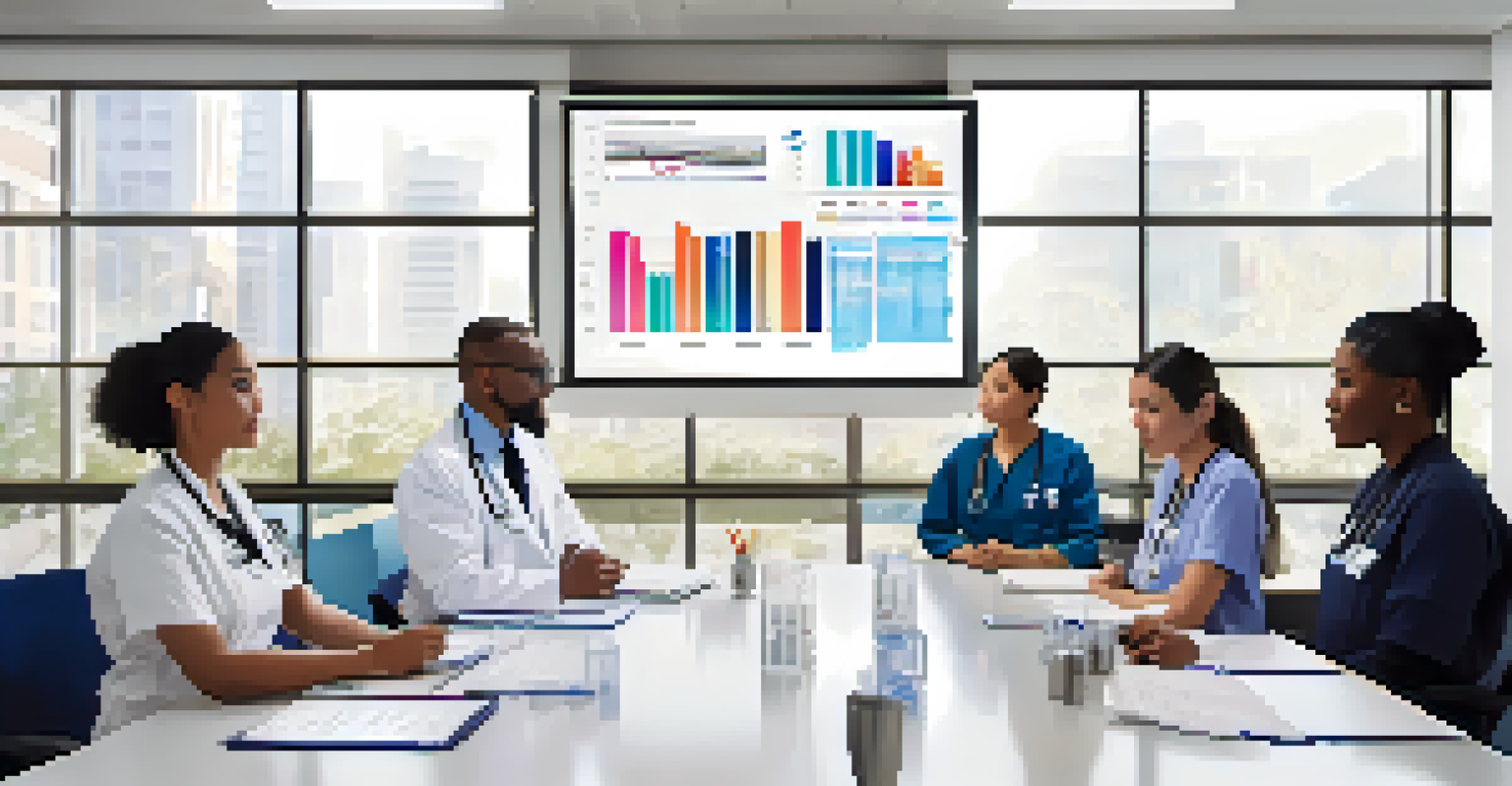 Diverse healthcare professionals in a meeting room discussing patient safety with data charts on a screen.