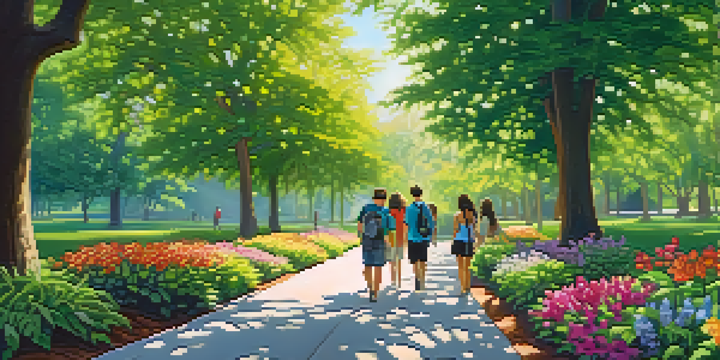 A diverse group of people walking together in a beautiful park surrounded by greenery and flowers, symbolizing community and healthy living.