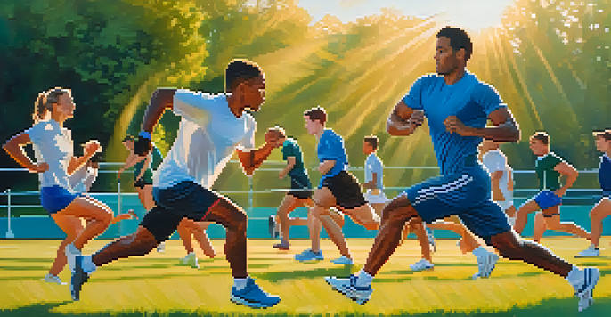 A group of diverse athletes performing warm-up exercises on a sunny outdoor field.
