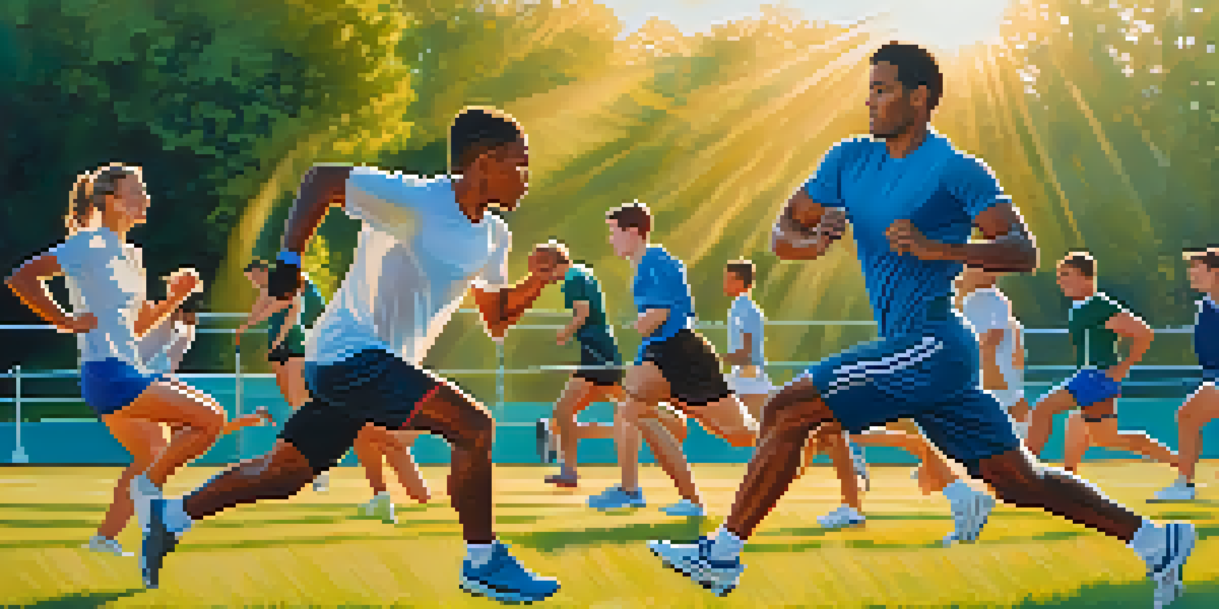 A group of diverse athletes performing warm-up exercises on a sunny outdoor field.