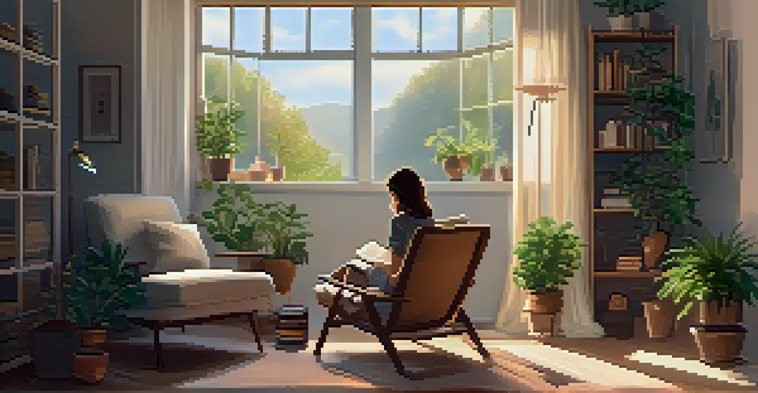 A woman reading a book in a cozy room filled with plants and warm lighting.