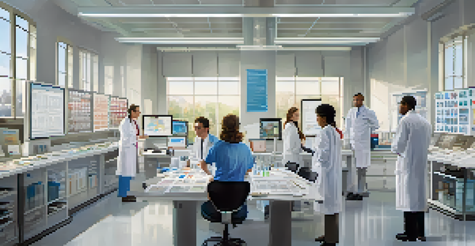 A diverse group of researchers in a bright laboratory discussing clinical trial activities, surrounded by medical charts and high-tech equipment.