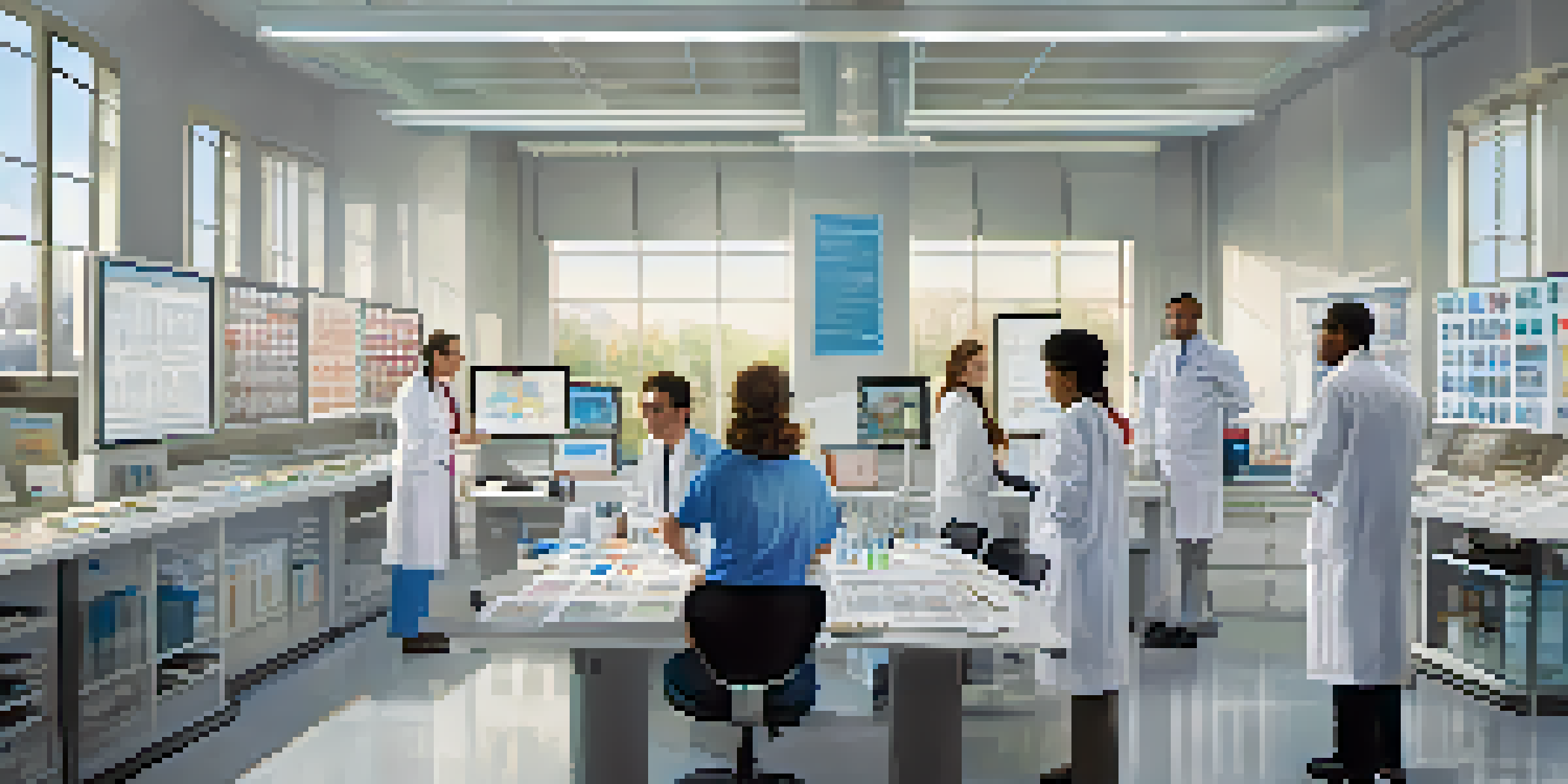 A diverse group of researchers in a bright laboratory discussing clinical trial activities, surrounded by medical charts and high-tech equipment.