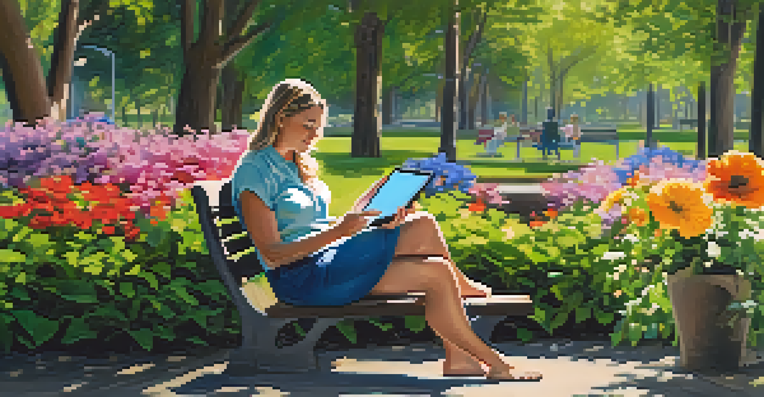 A person sitting on a park bench, using a tablet for teletherapy in a sunny outdoor setting filled with greenery and flowers.