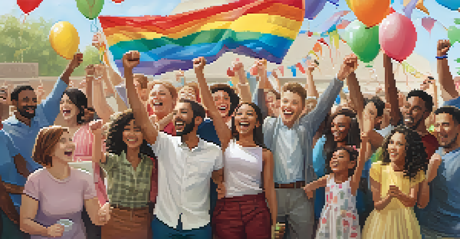 A diverse group celebrating a health milestone with a trophy, balloons, and a congratulatory banner in a bright space.