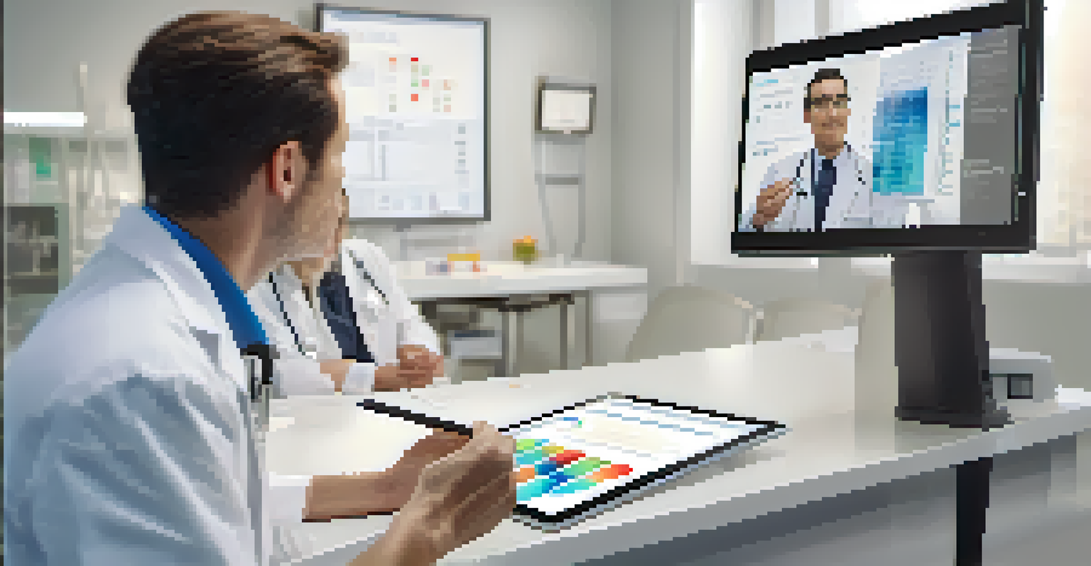 A doctor explaining cholesterol test results to a patient using a digital tablet in a modern clinic.