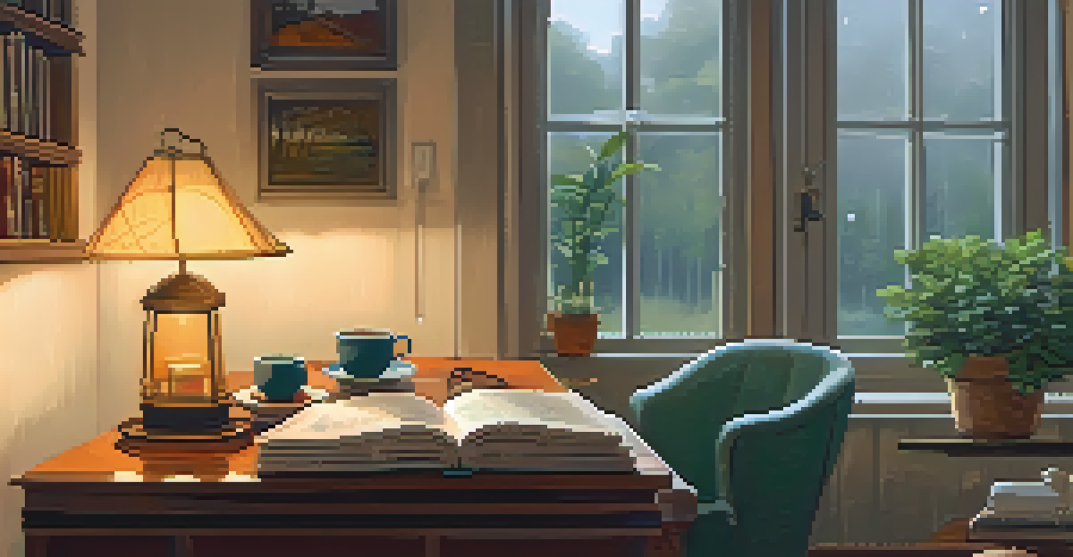 A person journaling in a cozy armchair with a cup of tea and rain outside a window.