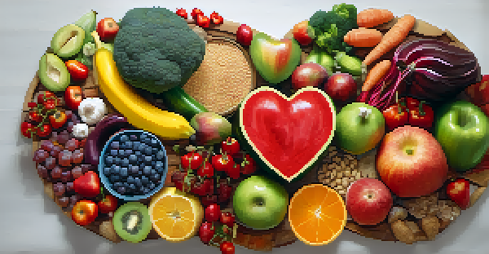 A close-up of a healthy heart surrounded by colorful fruits, vegetables, and whole grains, illustrating the importance of a balanced diet for heart health.