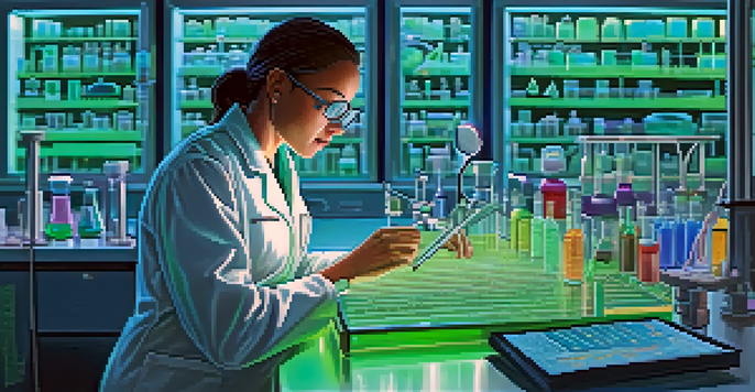 A scientist examining DNA samples in a laboratory with colorful reagents and equipment, illuminated by soft blue and green lighting.
