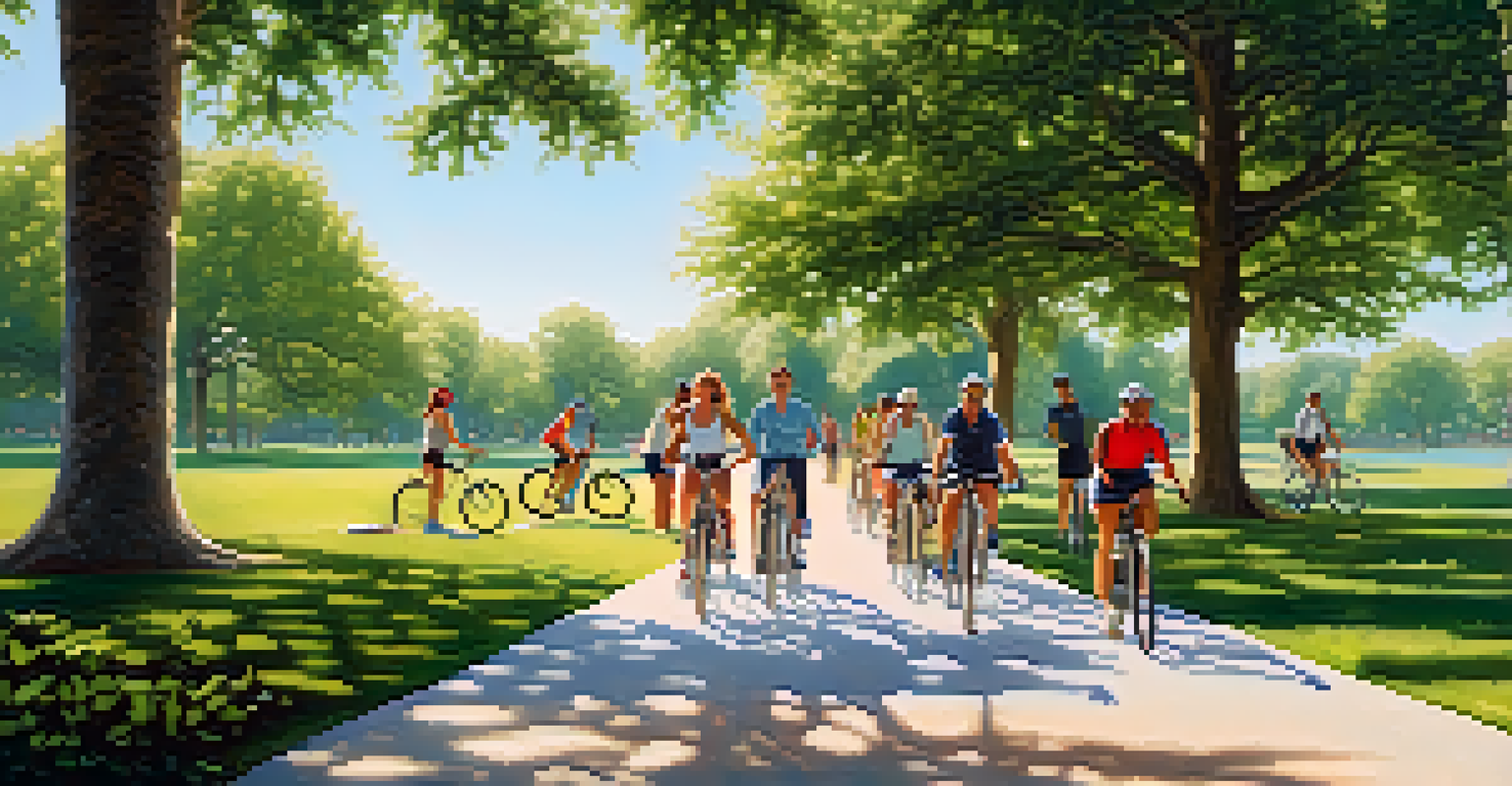 A diverse group of people exercising outdoors in a sunlit park, engaging in jogging, cycling, and yoga amidst greenery and a clear blue sky.