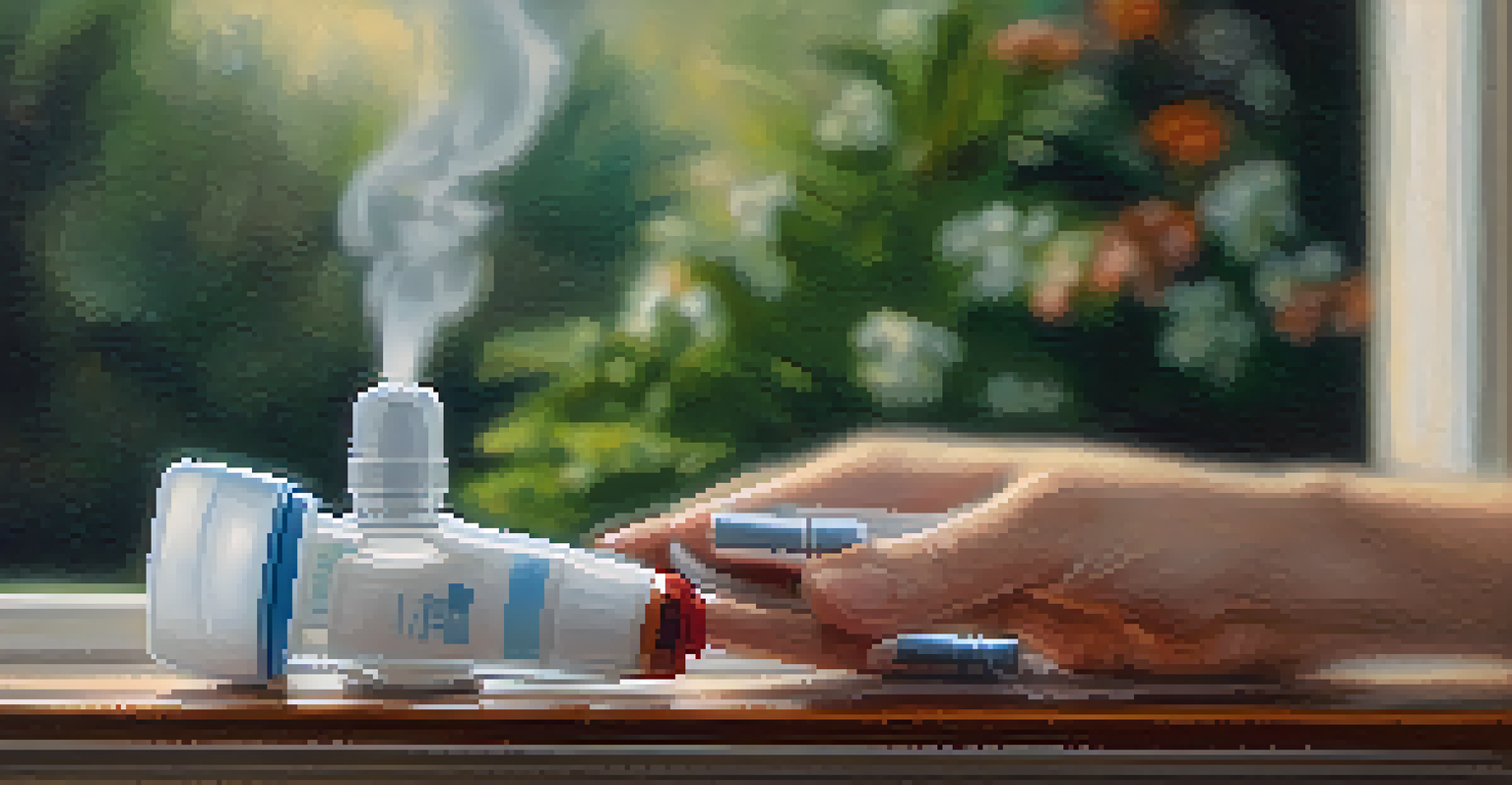 A close-up of a hand holding an inhaler in a cozy home setting, emphasizing its importance in asthma management.