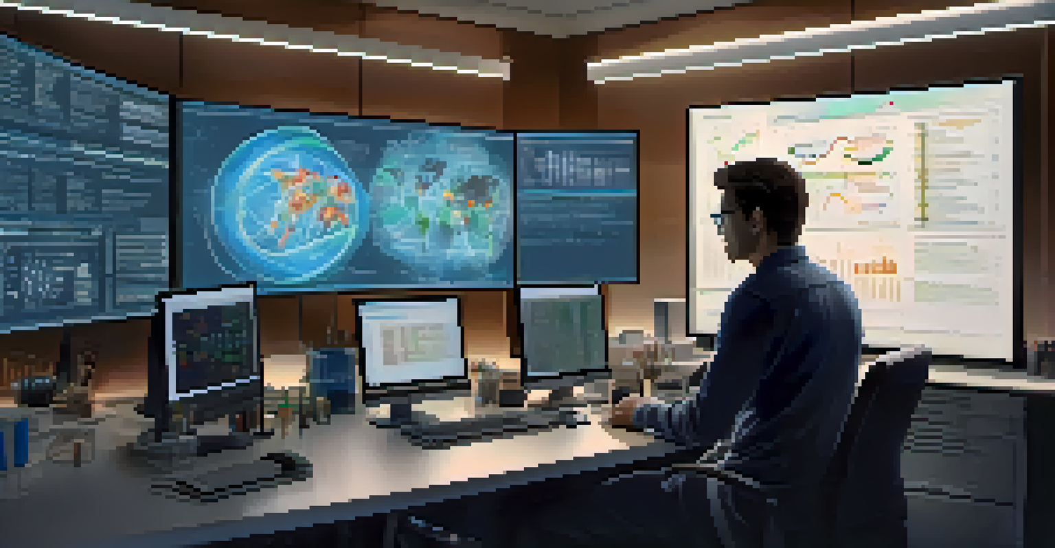 A researcher analyzing biological data on a computer, with bioinformatics software displayed on a screen in a softly lit room.