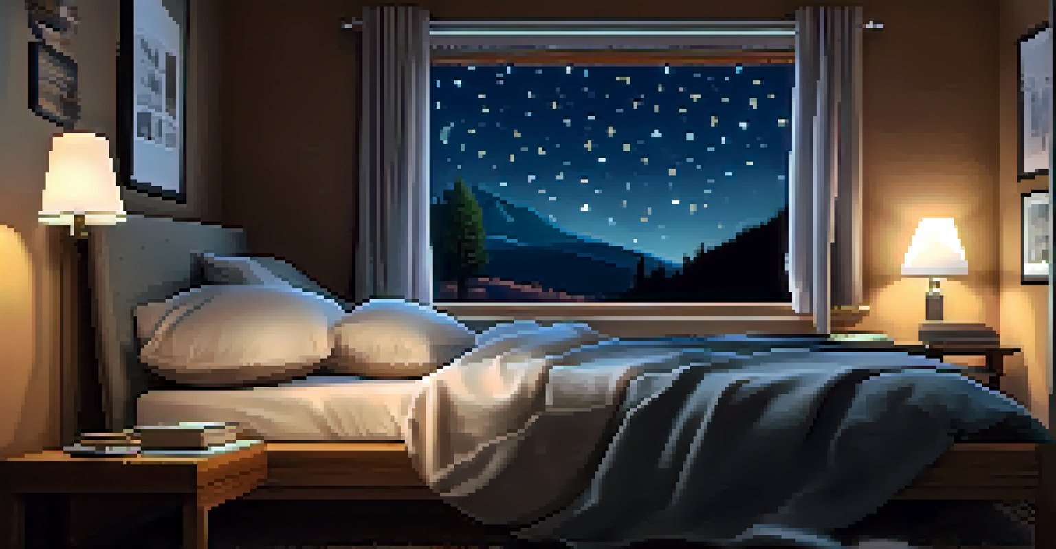 A cozy bedroom with a comfortable bed and a bedside table with a lamp and a cup of tea, under a starry night sky.