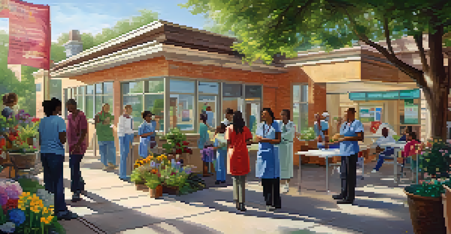 A lively community health clinic with healthcare providers and diverse patients interacting, colorful health awareness banners, and bright sunlight illuminating the space.