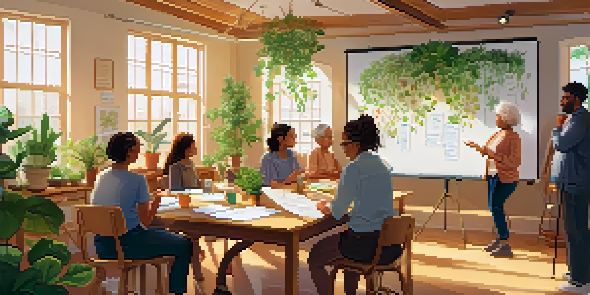 A sunlit workshop room where people of various ages are learning about chronic disease management, surrounded by plants and educational materials.