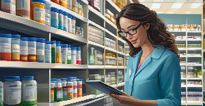 A middle-aged female clinical pharmacist reviewing a patient's medications on a digital tablet in a well-organized pharmacy.