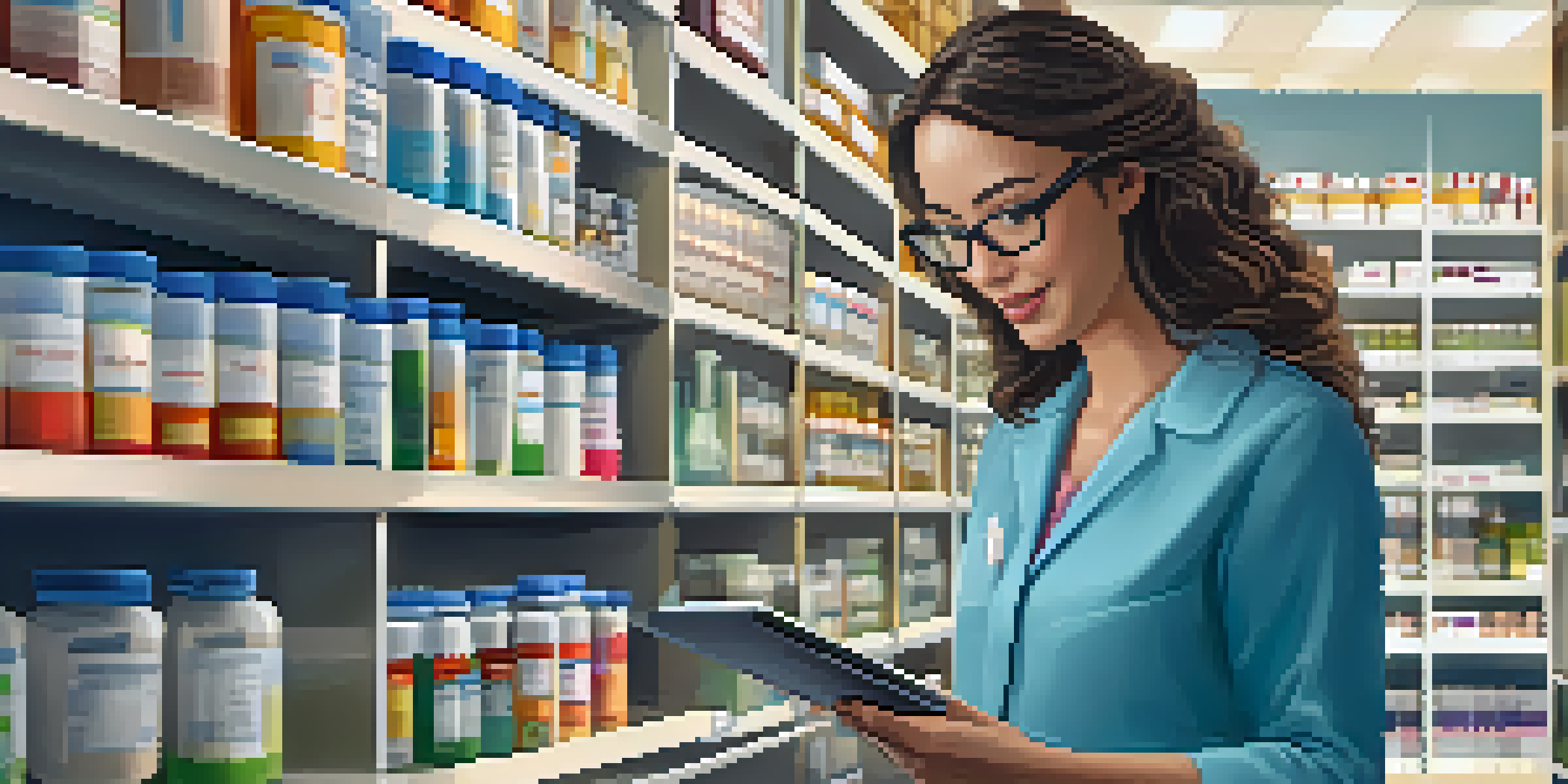 A middle-aged female clinical pharmacist reviewing a patient's medications on a digital tablet in a well-organized pharmacy.