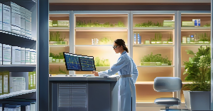 A doctor examining genetic data on a screen in a modern clinic, surrounded by medical books and plants, with soft lighting creating an inviting atmosphere.