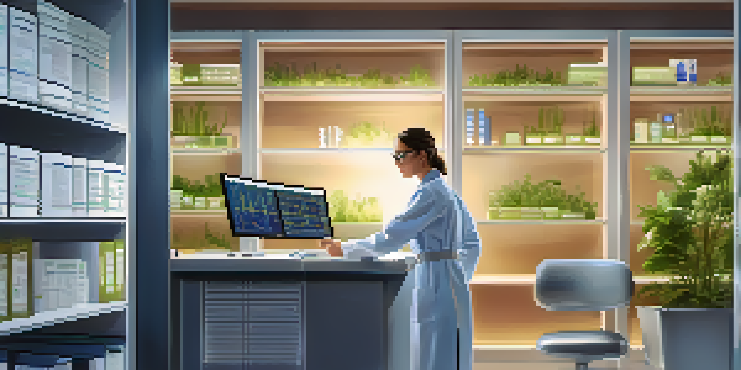 A doctor examining genetic data on a screen in a modern clinic, surrounded by medical books and plants, with soft lighting creating an inviting atmosphere.