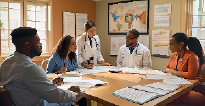 A diverse group of healthcare providers participating in a cultural competence training session, discussing and sharing ideas in a warm, inviting environment.