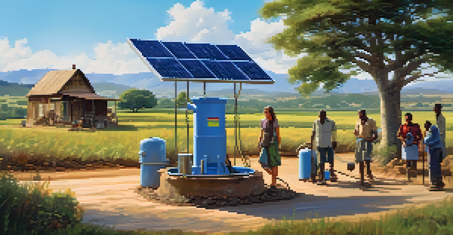A solar-powered water pump in a rural community, with people happily accessing clean water.