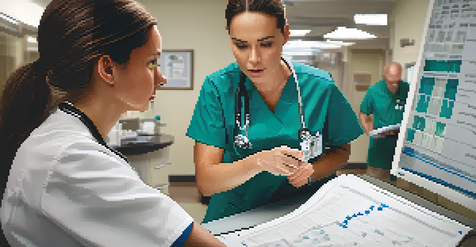 Close-up of a nurse and doctor discussing a patient's chart in a busy emergency department.