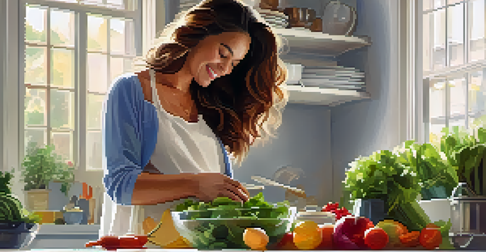 A pregnant woman joyfully preparing a colorful salad in a bright kitchen filled with fresh produce.