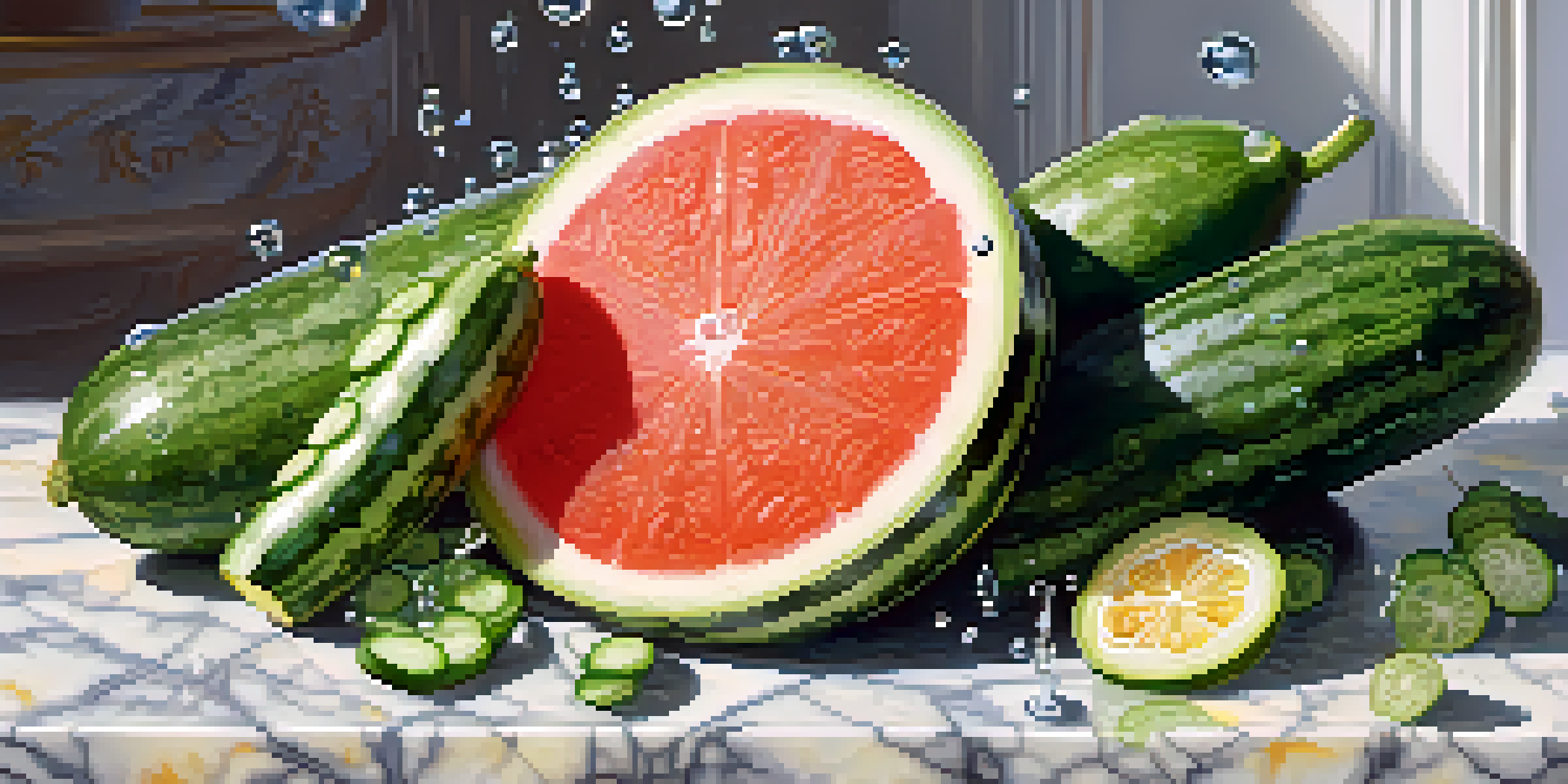 A display of water-rich foods including cucumbers, watermelon, and oranges on a marble countertop, with water droplets reflecting light.