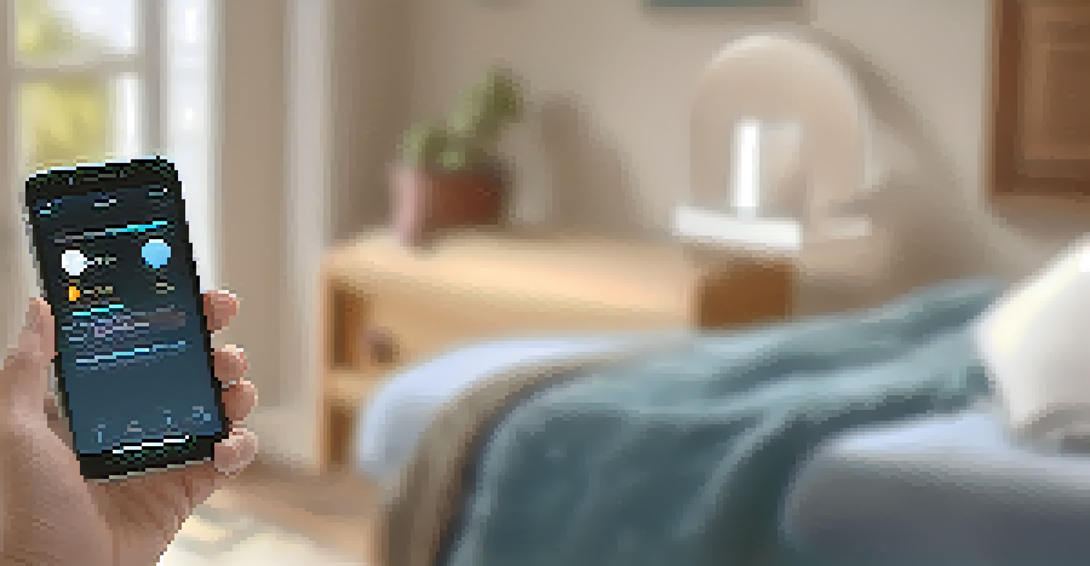 A close-up of a patient's hand using a smartphone app to monitor COPD symptoms in a cozy living room with warm lighting.