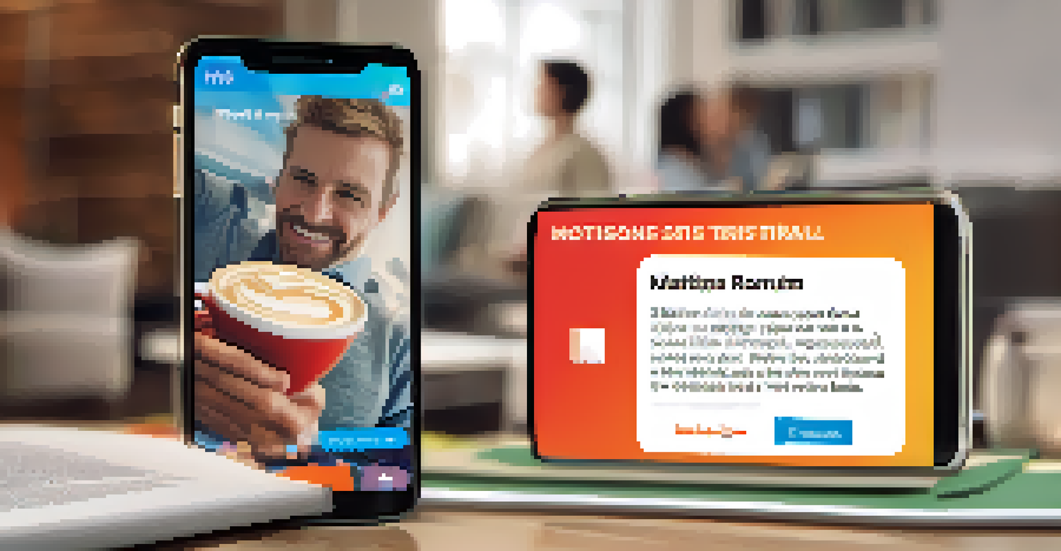 A smartphone displaying a colorful social media campaign for recruiting participants in clinical trials, set in a cozy living room.